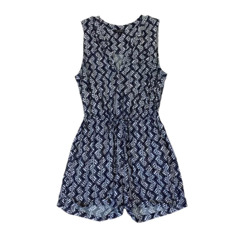Lucky Brand Shorts Romper Navy White Print Waist Tie Rayon szL